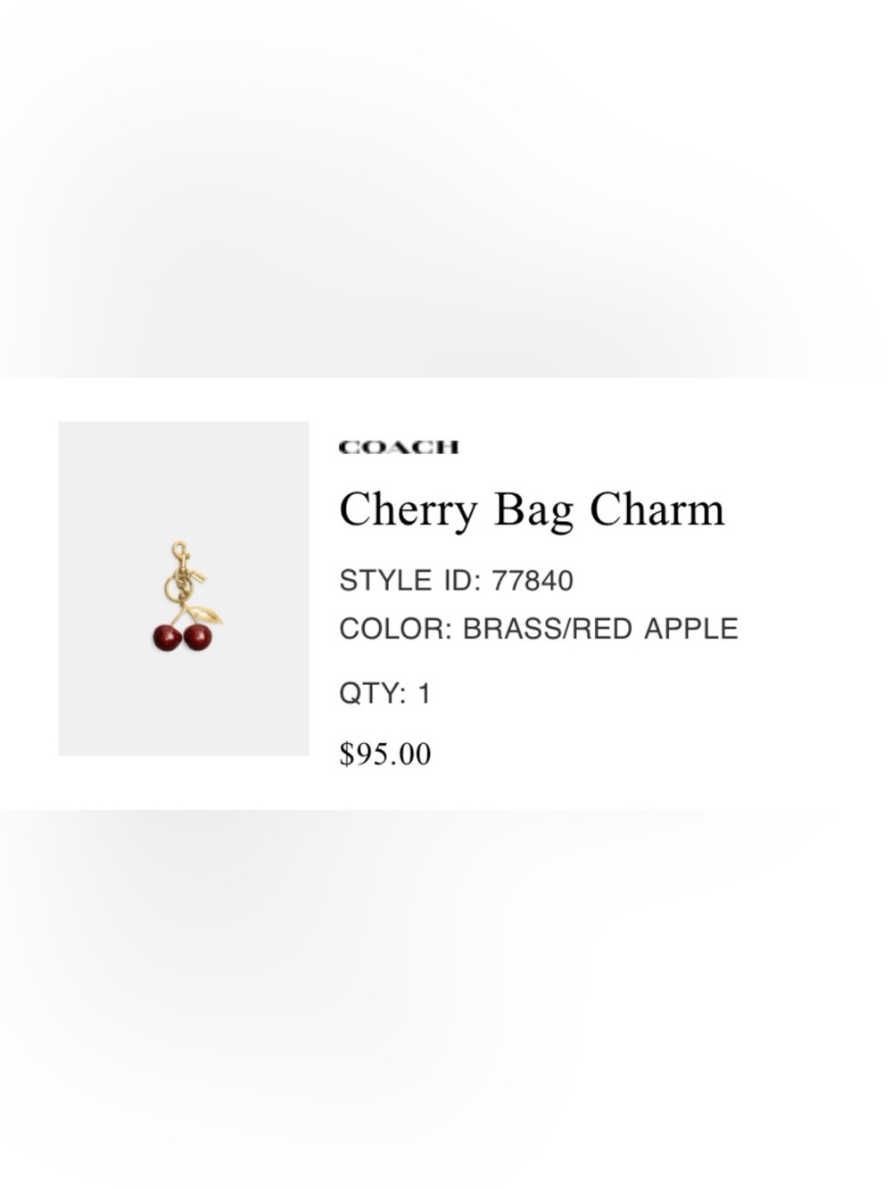 Coach Brass Cherry Bag Charm with Red Apple Accents
